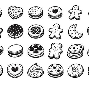 May include: Black and white line art illustration of various cookies. The cookies are in different shapes, including a heart, star, gingerbread man, and bear. Some cookies have chocolate chips or icing.