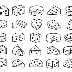 May include: Black and white illustration of various cheese shapes, including triangles, cubes, and rounds. Each cheese piece has holes, and some are sliced. The image is a simple, graphic representation of different cheese types.