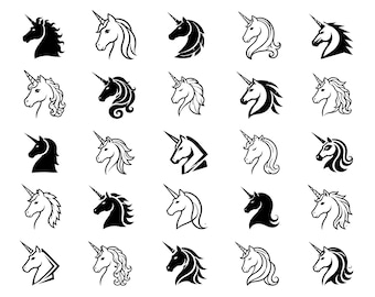 Unicorn Head SVG Icons Bundle – 25 Unique Fantasy Horse Outline Designs, Bold Monochrome Line Art, White Background, Cricut Silhouette