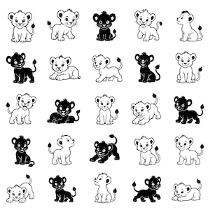 May include: A repeating pattern of cartoon lion cubs in black and white. The cubs are depicted in various poses, including sitting, lying down, and looking up. The image is a simple, line-art style illustration.
