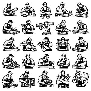 May include: Black and white illustrations of carpenters in various poses, using tools like saws, hammers, and drills. The images depict different carpentry tasks, such as cutting wood, assembling frames, and carrying lumber. The collection showcases the craft of woodworking.