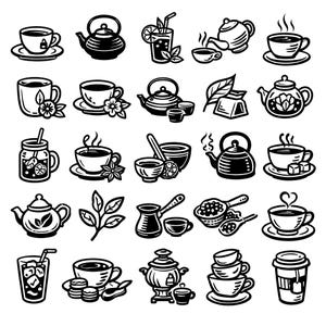 May include: A collection of black and white line art illustrations featuring various tea and coffee-related items. The images include teacups, teapots, tea leaves, and iced drinks, all with a simple, graphic style.