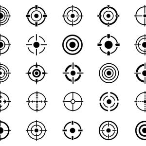Puede incluir: Una colección de iconos de dianas en blanco y negro, cada uno con un diseño único. Las dianas varían en estilo, con círculos concéntricos, miras y otros patrones de puntería. Los iconos están dispuestos sobre un fondo blanco.