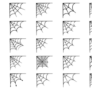 May include: A collection of twenty-five black and white graphic illustrations arranged in a grid, each depicting a unique corner spider web design with varying line thicknesses, radial patterns, and intricate web structures on a white background.