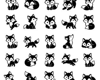 Kawaii Fox SVG Bundle – 25 Cute Black Outline Woodland Animal Icons, Bold Line Art, White Background, Cricut Silhouette Cut Files