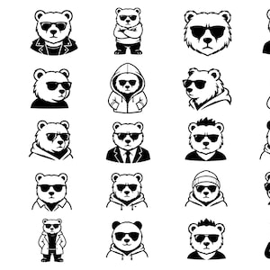 Puede incluir: Una colección de veinticinco iconos vectoriales en blanco y negro que muestran osos con gafas de sol. Los osos aparecen en varios estilos, incluyendo sudaderas con capucha, chaquetas de cuero, trajes, gorros y gorras de béisbol, algunos de perfil.