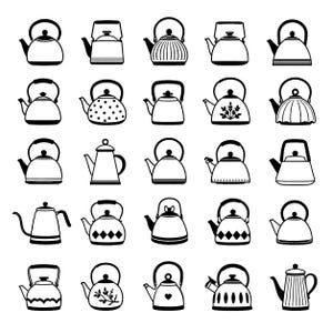 Könnte beinhalten: Schwarz-Weiß-Illustration verschiedener Teekannen. Die Teekannen haben unterschiedliche Formen und Designs, darunter gestreifte und gepunktete Muster. Das Bild ist eine einfache, grafische Darstellung verschiedener Teekannenstile.