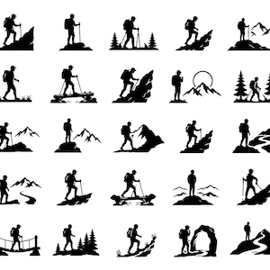 May include: A collection of twenty-five black silhouette icons depicting hikers in various outdoor settings. Each graphic features a person with a backpack, often using trekking poles, navigating mountain paths, crossing bridges, or standing near trees.