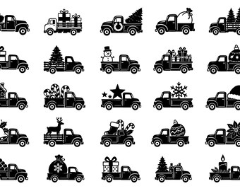 Christmas Truck SVG Bundle – 25 Unique Holiday Pickup Icons, Black Outline Line Art, White Background, Festive Vehicle, Cricut Silhouette