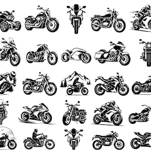May include: A collection of twenty-five black and white illustrations featuring various motorcycle styles, including sport bikes, cruisers, and touring models, some depicted with riders, mountain silhouettes, or circular sunset backgrounds.