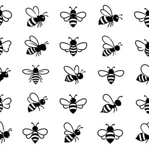 May include: A collection of twenty black and white bee icons arranged in a five-by-four grid. Each icon features a stylized bee shown from either a top-down or side profile perspective, characterized by simple lines, rounded wings, and striped bodies.