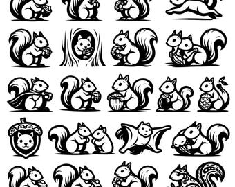 Squirrel SVG Icons Bundle – 21 Unique Black Outline, Bold Line Art, White Background, Cricut and Silhouette Cut Files, Eps, Jpg, Dxf, Png