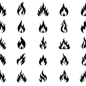 Op de afbeelding: Een verzameling van vijfentwintig verschillende zwarte vlamiconen gerangschikt in een raster van vijf bij vijf. Elk icoon toont een uniek silhouet van vuur met variërende vormen, rondingen en punten, weergegeven als effen zwarte vormen op een witte achtergrond.