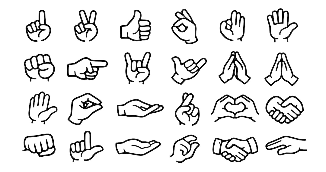 Hand Sign SVG Icons Bundle – 24 Unique Black Outline Gesture Clipart ...