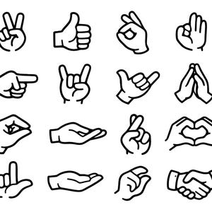 Op de afbeelding: Een verzameling zwart-witte lijntekeningen van handen die verschillende gebaren maken. De gebaren omvatten wijzen, duim omhoog, het vredesteken, het oké-teken, open handpalmen en een handdruk. De illustraties zijn eenvoudig en grafisch.