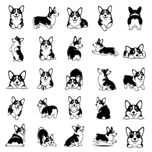 May include: A collection of twenty-five black and white vector illustrations featuring Corgi dogs in various poses, including sitting, running, lying down, and playing with toys, all rendered in a clean, minimalist graphic style.