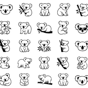 May include: A collection of twenty-five black and white vector icons featuring koalas in various poses. The set includes koala heads, koalas sitting, climbing branches, sleeping on limbs, and one wearing sunglasses, all rendered in a simple line art style.