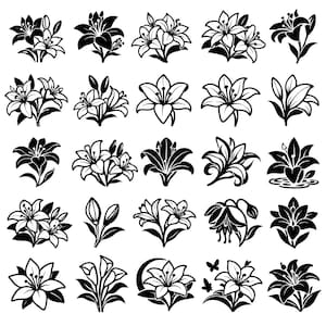 以下が含まれることがあります： 白黒のユリの花のイラストのコレクション。この画像には、開いた花、つぼみ、葉の配置など、ユリのさまざまな様式化された描写が描かれています。デザインはグラフィックデザインプロジェクトに適しています。