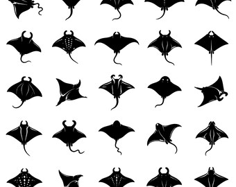 Stingray SVG Icons Bundle – 25 Unique Marine Ray Outline Designs, Bold Vector Line Art, Clean White Background, Ocean Wildlife Clipart