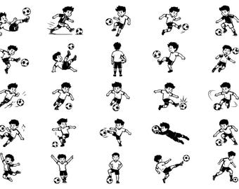 Fotbollspojke SVG-ikoner Bundle – 25 unika fotbollsspelares konturdesigner, djärv linjekonstsamling, vit bakgrund, Cricut-silhuett