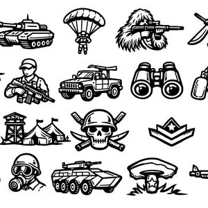 May include: Black and white line art illustrations of military-themed objects. Includes a soldier saluting, tanks, a parachute, a sniper, crossed rifles, a helicopter, a soldier with a rifle, a jeep, binoculars, dog tags, a bomb, a jet, a watchtower, a skull, a pistol, a missile launcher, a gas mask, and a tank.