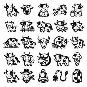 Op de afbeelding: Een verzameling zwart-wit illustraties van koeien in verschillende poses. De afbeeldingen tonen koeien die staan, zitten en rennen, evenals een koeienkop, een bel en een ijsje.