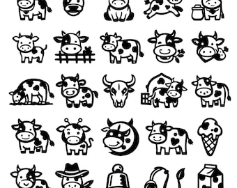 Paquete SVG de vaca: 25 gráficos bovinos originales, ilustraciones vectoriales de trazo grueso, lienzo blanco puro, diseños de corte de silueta de Cricut