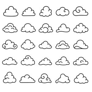 May include: A collection of twenty-five distinct cloud icons arranged in a five-by-five grid. Each icon features a simple black outline on a white background, showcasing various rounded, puffy, and swirling shapes representing different cloud formations.