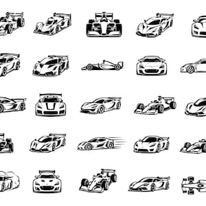 May include: A collection of twenty-five black and white vector illustrations featuring various race cars and sports cars. The set includes diverse vehicle profiles, including open-wheel formula cars and aerodynamic coupes, all depicted in a graphic style.