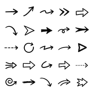May include: A collection of black hand-drawn arrows in various styles and directions on a white background. The arrows include straight, curved, dotted, and spiral designs, suitable for graphic design or visual communication.