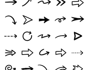 Hand Drawn Arrow SVG Bundle – 25 Unique Direction Pointer Icons, Bold Outline Line Art, White Background, Cricut Silhouette Cut Files