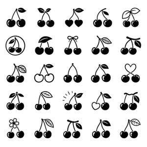 Op de afbeelding: Een verzameling van vijfentwintig zwart-wit iconen met diverse kersenontwerpen. Elk icoon toont een paar kersen met steeltjes en blaadjes, met verschillende artistieke stijlen zoals hartvormen, contouren en effen silhouetten.