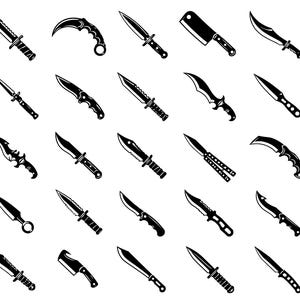 May include: A collection of twenty-five black and white vector icons depicting various types of knives, including hunting knives, daggers, cleavers, karambits, and folding blades, arranged in a five-by-five grid on a plain white background.