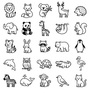 May include: A collection of twenty-five black and white line art illustrations featuring various animals including a lion, fox, koala, deer, hedgehog, elephant, panda, giraffe, sloth, squirrel, tiger, rabbit, raccoon, bear, penguin, dolphin, owl, turtle, crocodile, flamingo, zebra, whale, monkey, bird, and cat.