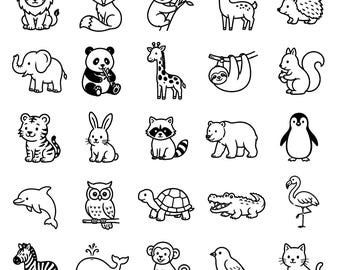 Animal Doodle SVG Icons Bundle – 25 Unique Black Outline Wildlife Sketch Designs, Bold Line Art, White Background, Cricut Silhouette