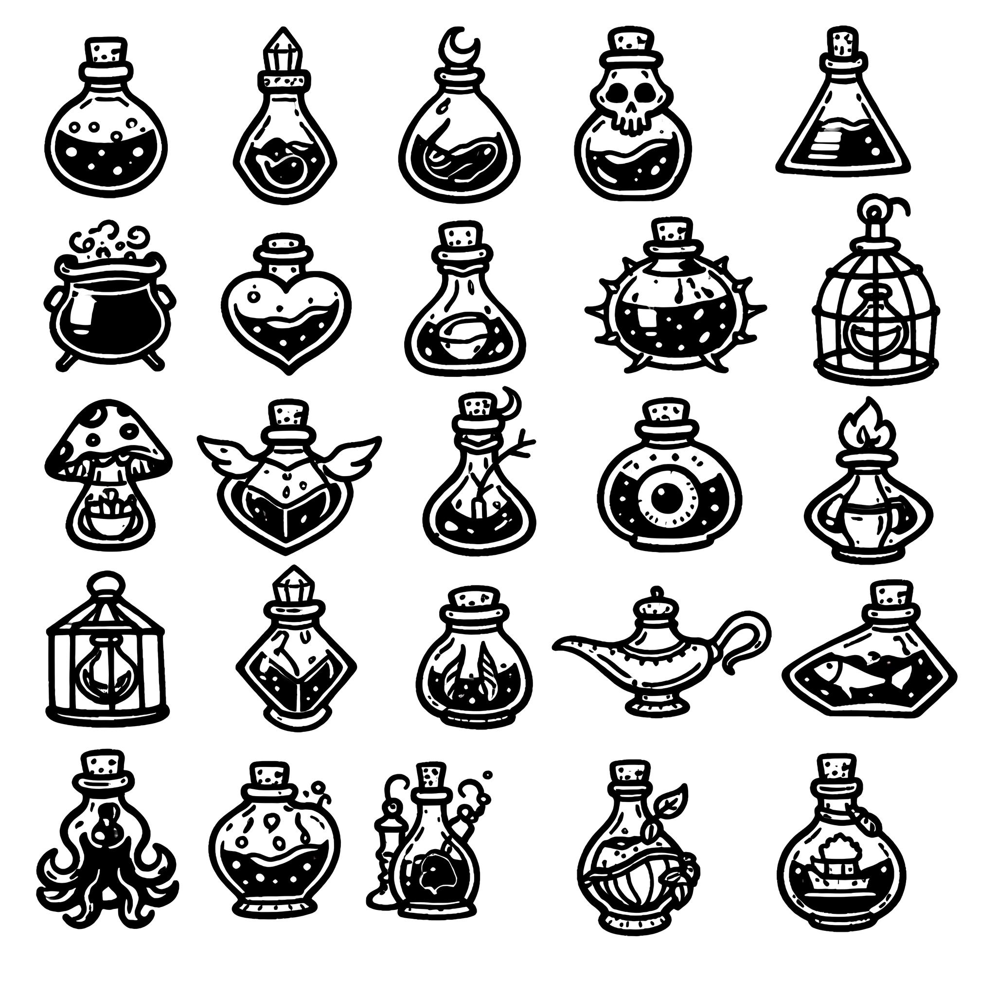 Potion Bottle SVG Bundle – 25 Unique Black Outline Elixir Vial Icons ...