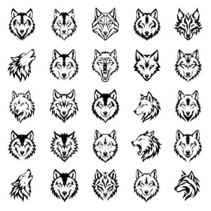 Puede incluir: Una colección de ilustraciones de cabezas de lobo en blanco y negro, en varias poses y estilos. Algunos lobos aúllan, otros están de perfil y algunos tienen diseños geométricos. Ideal para proyectos de diseño gráfico.