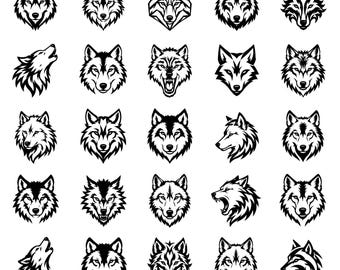 Paquete de iconos SVG de caras de lobo: 25 diseños únicos de cabezas de lobo con contorno negro, líneas definidas, fondo blanco, archivos de corte para Cricut y Silhouette.