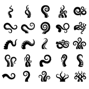 May include: A collection of twenty-five black silhouette icons featuring various octopus tentacles and kraken arms in different curled, twisted, and coiled positions. Each graphic element displays distinct suction cup patterns or smooth curves.