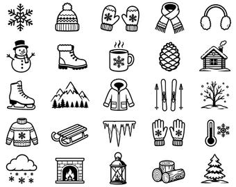 Winter Clipart SVG Bundle – 25 Unique Black Outline Snow Icons, Bold Line Art, White Background, Cricut Silhouette Cut Files, Seasonal Frost