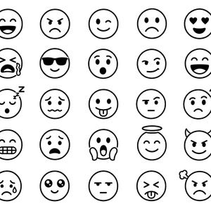May include: A set of 25 black and white emoji faces, each in a circular form. The emojis depict a range of feelings, such as joy, fury, sorrow, and shock. Some emojis feature sunglasses, heart-shaped eyes, or a halo above their heads.