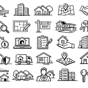 May include: A collection of black and white real estate icons. The icons include houses, buildings, maps, a handshake, a magnifying glass, a pencil, a rent sign, keys, a laptop, a clipboard, a hand holding a house, a moving truck, and a crane.
