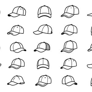 May include: A collection of twenty black and white line art illustrations of baseball caps shown from various angles, including front, side, and three-quarter views, featuring different crown structures, brim shapes, and adjustable back straps.