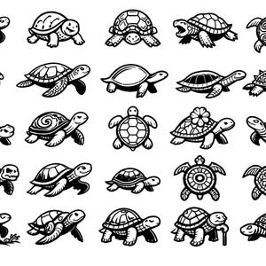 May include: A collection of black and white turtle illustrations in various poses and styles. Some turtles are swimming, others have decorative shells, and one is hatching from an egg. The designs are suitable for stickers or other crafts.