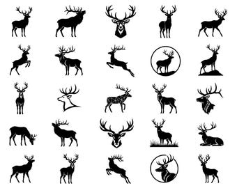 Elk SVG Icons Bundle – 25 Distinct Antler Wildlife Outline Designs, Bold Line Art, White Background, Cricut and Silhouette, Eps, Png, Dxf