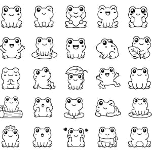 Kawaii Groda SVG PNG-paket – 25 söta svarta konturerade amfibieikoner, fet linjeteckning, vit bakgrund, Cricut Silhouette Cut-filer