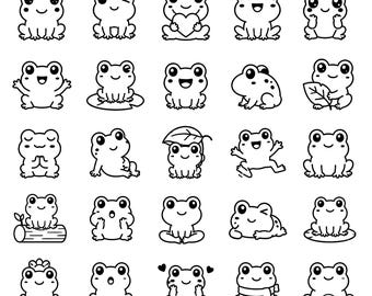 Kawaii Frog SVG PNG Bundle – 25 Cute Black Outline Amphibian Icons, Bold Line Art, White Background, Cricut Silhouette Cut Files