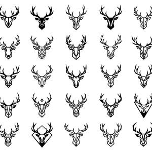 May include: A collection of twenty-five distinct black and white graphic icons featuring stylized deer heads. Each icon displays a unique geometric interpretation of a stag, utilizing sharp lines and angular shapes to form the antlers and facial features.