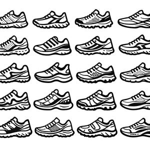 May include: A collection of twenty black and white line art illustrations of athletic shoes. Each shoe design features a unique style, showcasing various patterns and silhouettes for running or training.