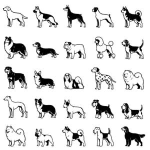 May include: A collection of twenty-five distinct dog breed silhouettes arranged in a five-by-five grid. Each icon is rendered in high-contrast black and white, showcasing various canine shapes, sizes, and coat patterns in a clean, graphic style.